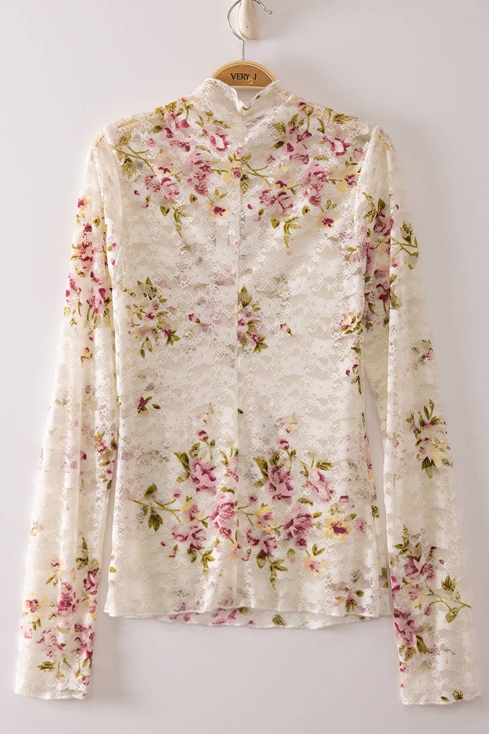 NT12220-High Neck Fitted Sheer Mesh Lace Knit Top: CREAM/PLUM BIG FLORAL-26 / S-M-L/2-2-2