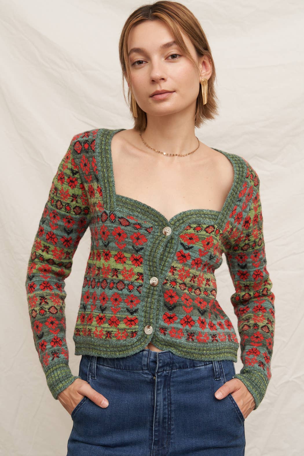 Floral Jacquard Sweetheart Neckline Sweater Cardigan: Green Multi / M