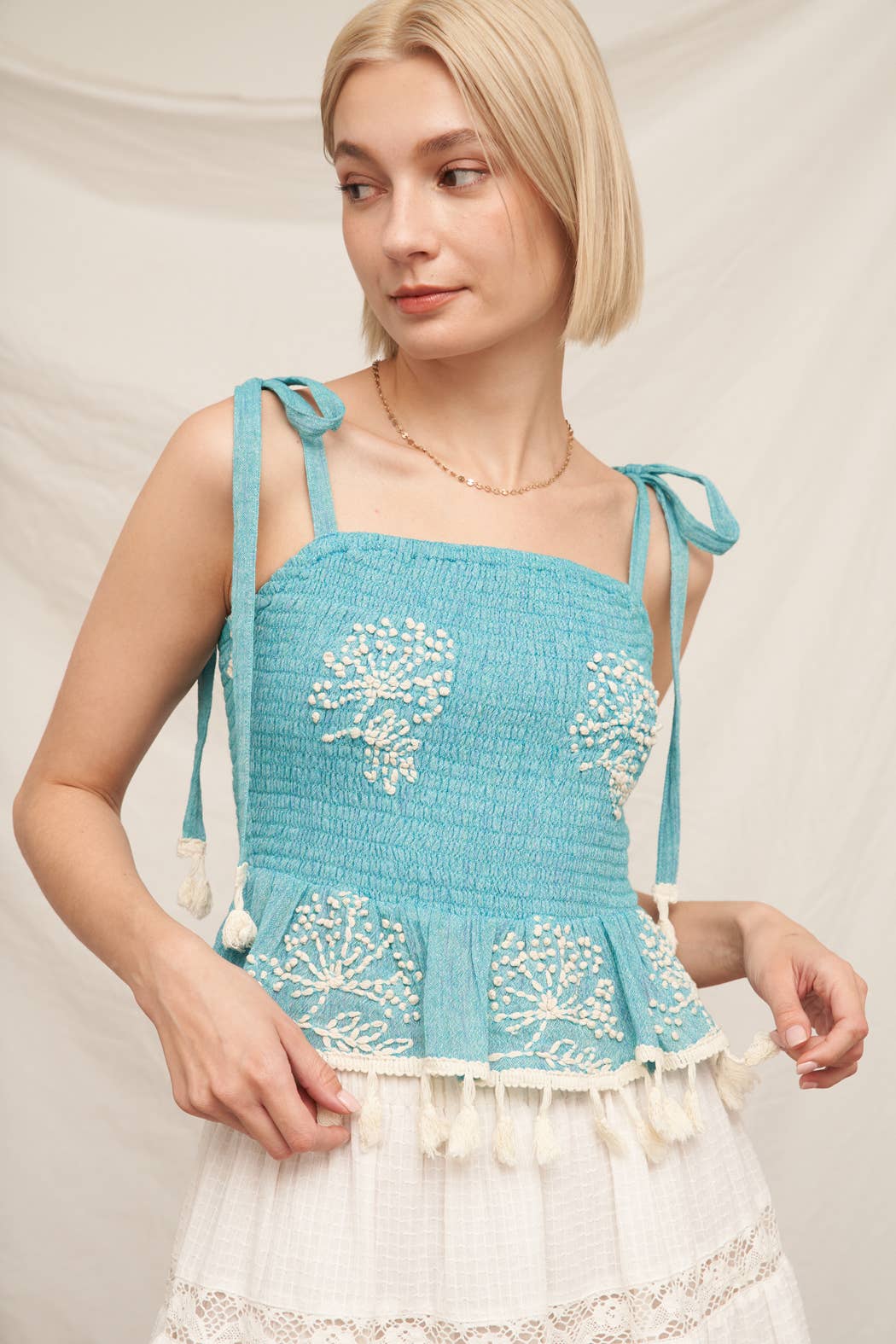 Adjustable Shoulder Tie Smocked Top: Mint Ivory / L