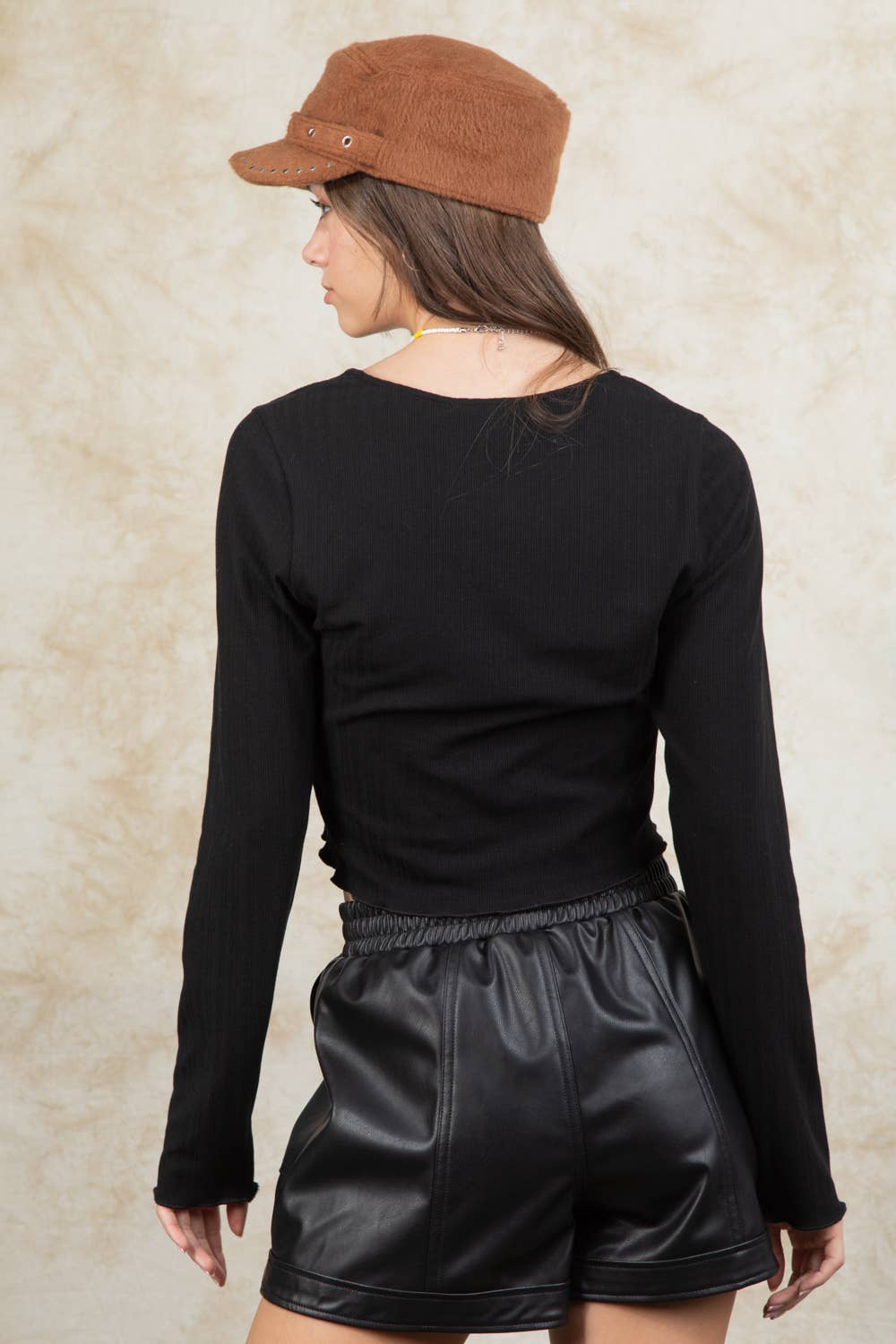 VT15148-3-Strap Tie V Neck Crop Top: AVOCADO / S-M-L/2-2-2
