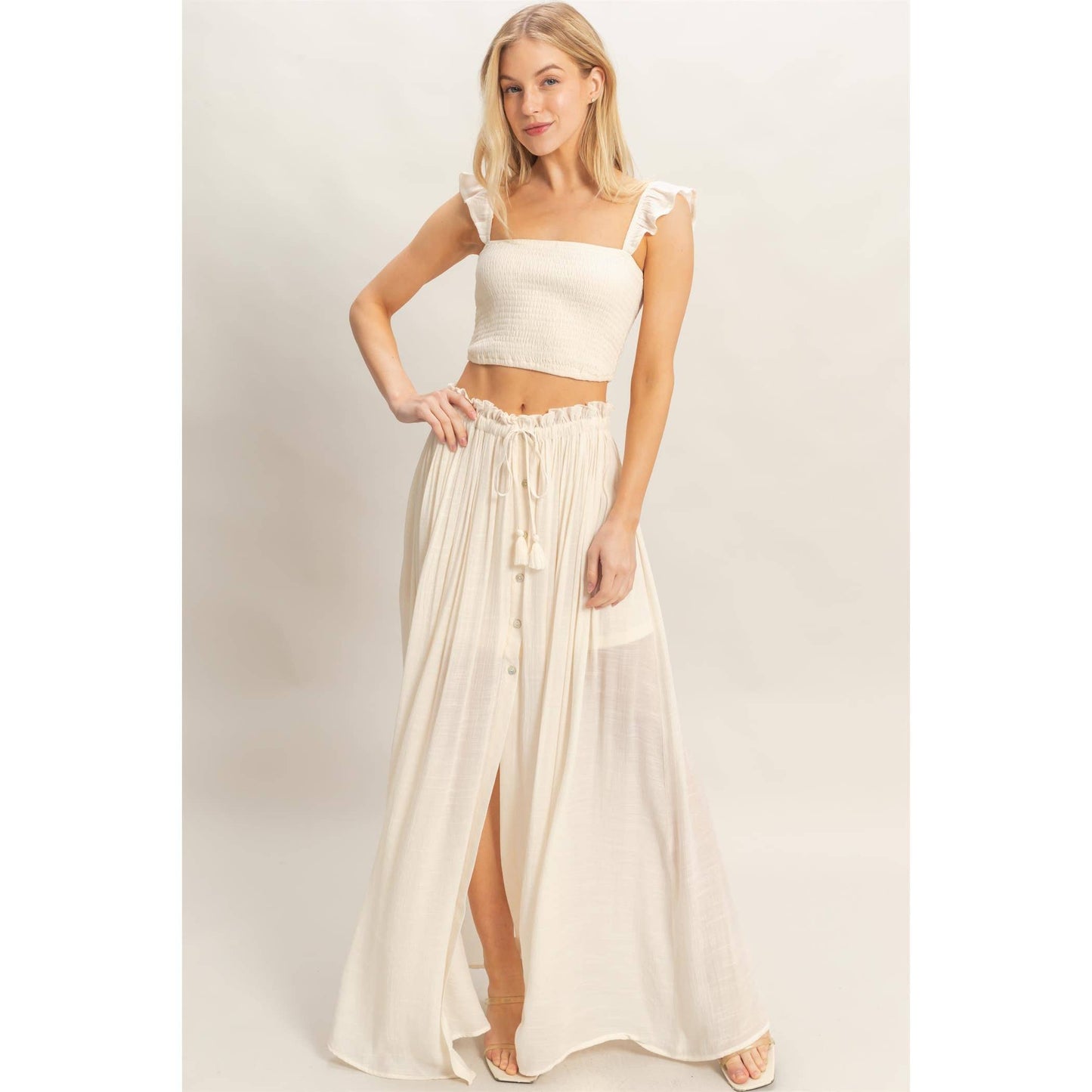 Smocked Top & Maxi Skirt Set: POWDER BLUE / S-M-L(2-2-2)