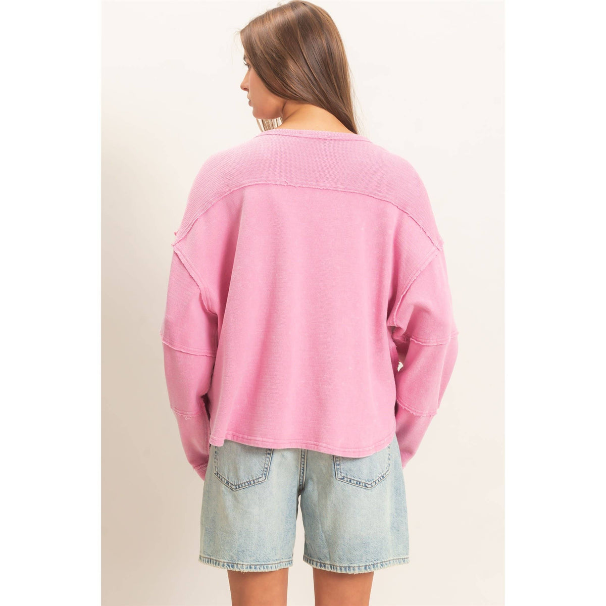 Mineral Wash Overzised Raw Edge Crew Neck Top: DARK RED / S-M-L(2-2-2)