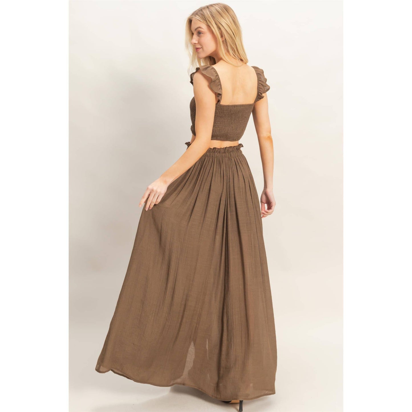 Smocked Top & Maxi Skirt Set: POWDER BLUE / S-M-L(2-2-2)