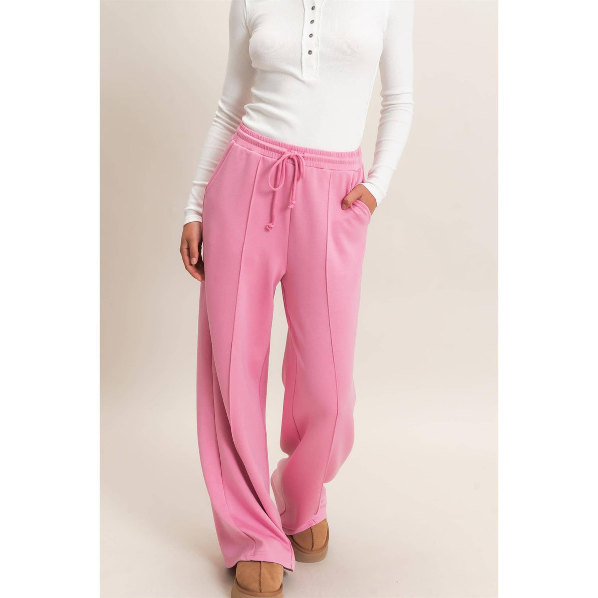 Drawstring Waist Pintuck Wide Leg Pants: HEATHER GRAY / S-M-L(2-2-2)