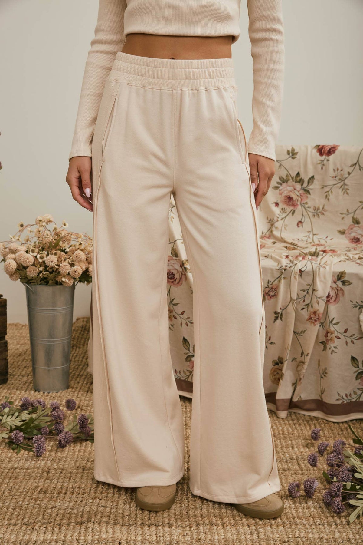 ELASTIC WAIST SIDE PANEL KNIT LOUNGE PANTS : BROWN