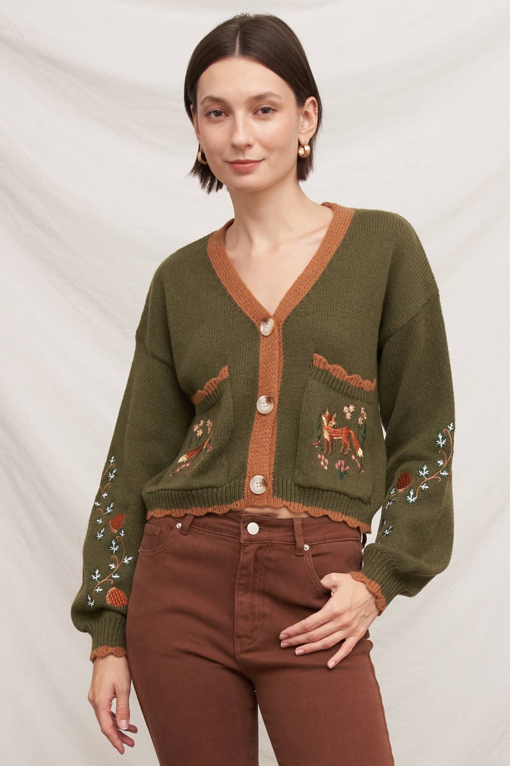 Fox Embroidered Long Sleeve Sweater Cardigan: Brown / M/L
