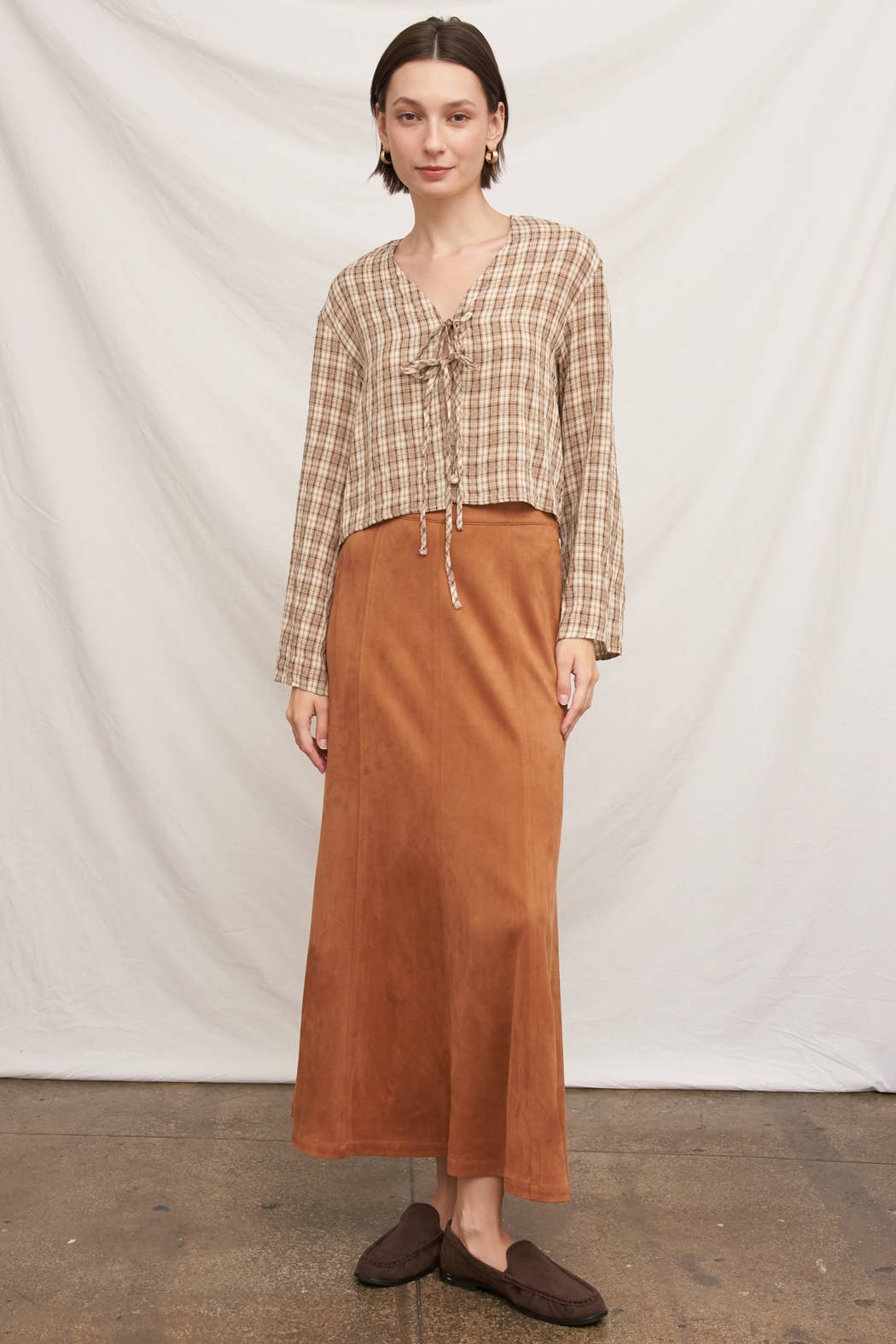 Tie Front Long Sleeve Plaid Blouse: Blue / M