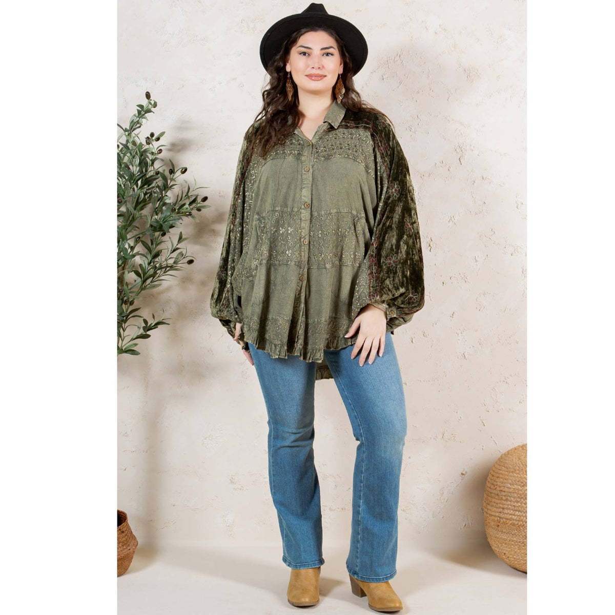 Bohemian Elegance: Stonewashed Rayon Top: Olive / REGULAR (S-M-L-XL-1-2-2-1)