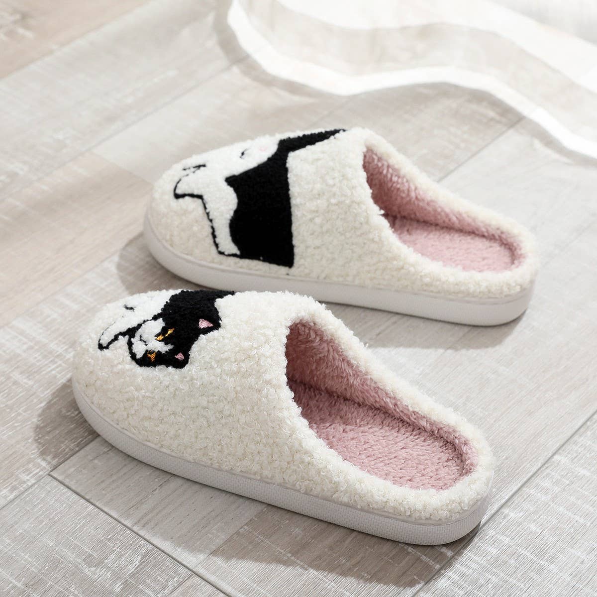 FUNNY EGG CAT EMBROIDERED COTTON SLIPPERS_CWSHS0859: White / (7) 1