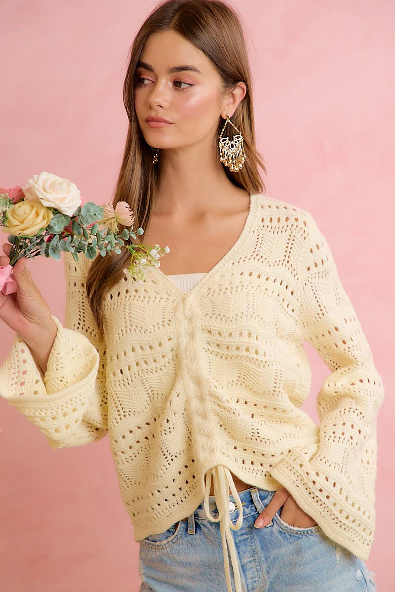 POINTELLE KNIT V NECK RUCHED FRONT LIGHTWEIGHT TOP: IVORY / L