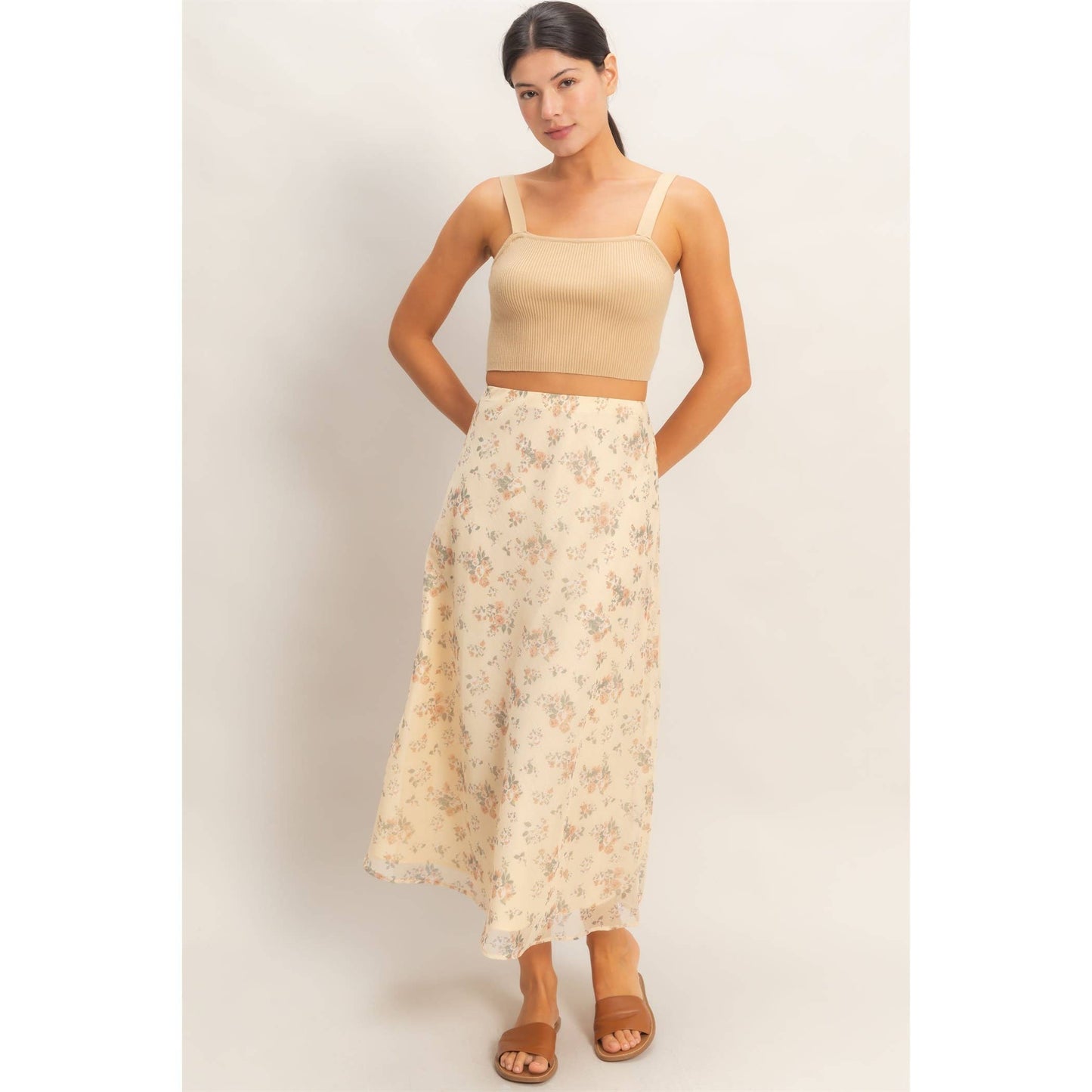 Floral Print Bias Skirt: BROWN / S-M-L(2-2-2)