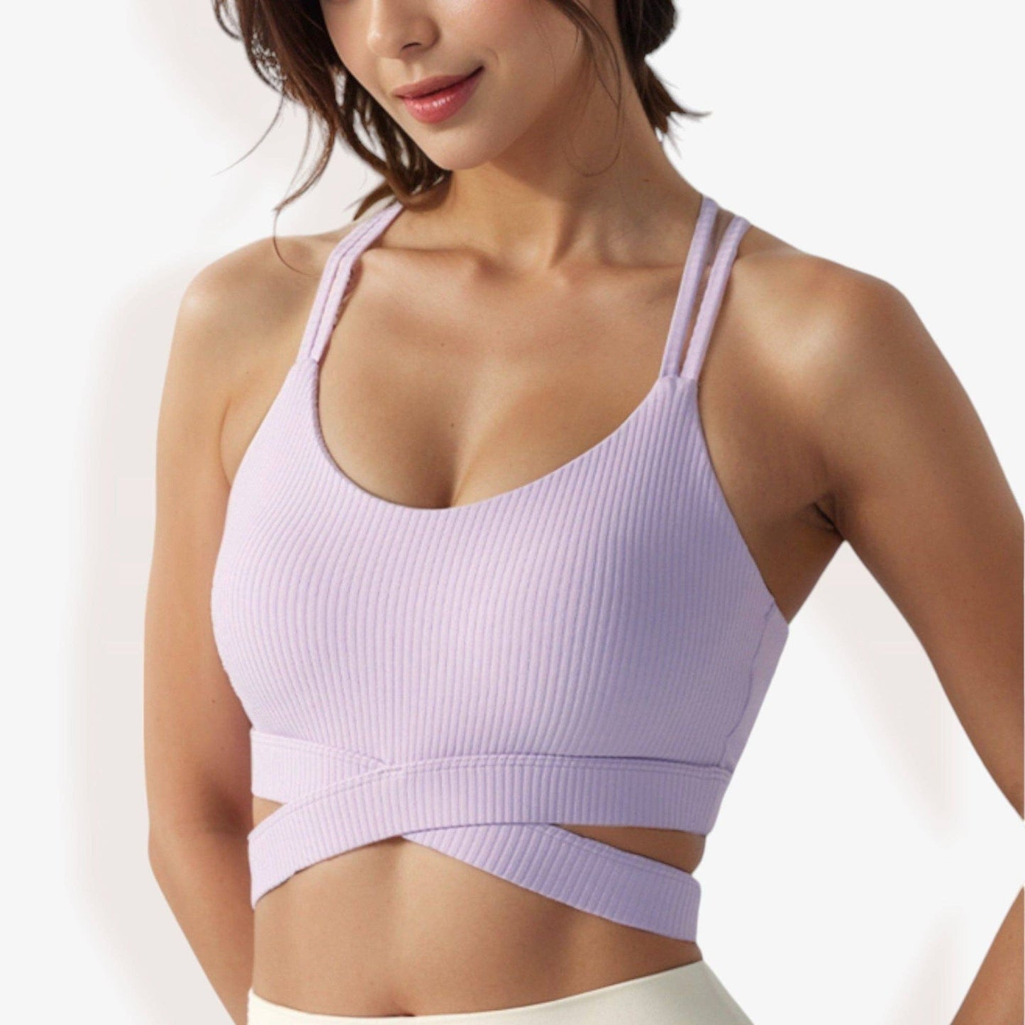Ribbed Cross Strap Sports Bra with Double Strap Detail: Beige / Medium 8-10