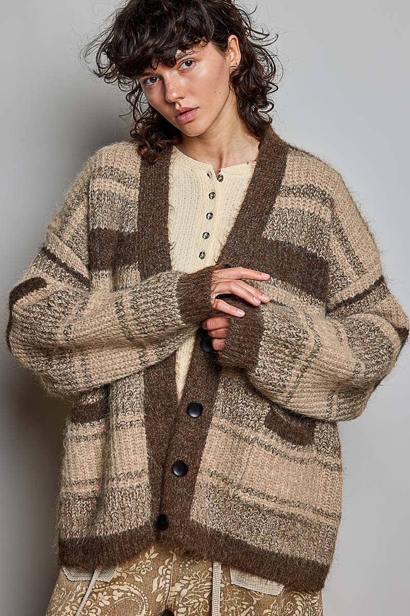 Striped Knit Oversized V-Neck Button Pockets Cardigan SALE: BLACK MULTI / OS