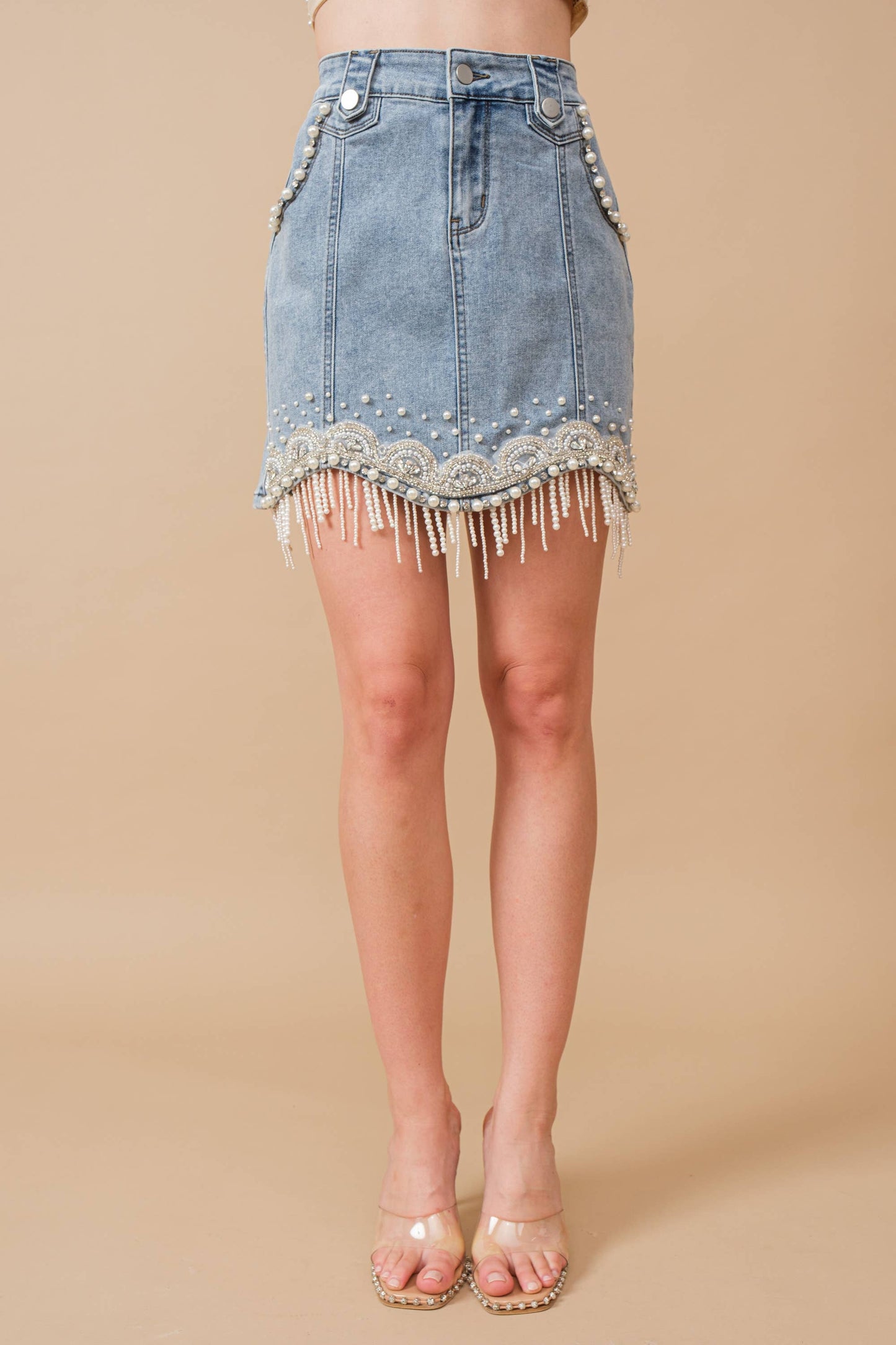 80038S - Stretch Denim Embellished Pearl Fringe Mini Skirt: MED WASH / M