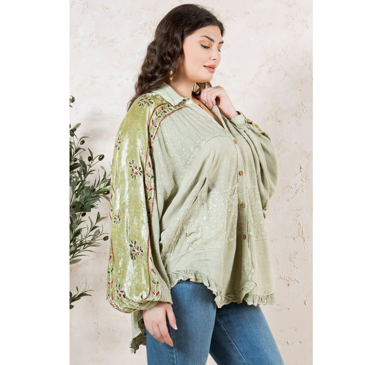Bohemian Elegance: Stonewashed Rayon Top: Olive / REGULAR (S-M-L-XL-1-2-2-1)