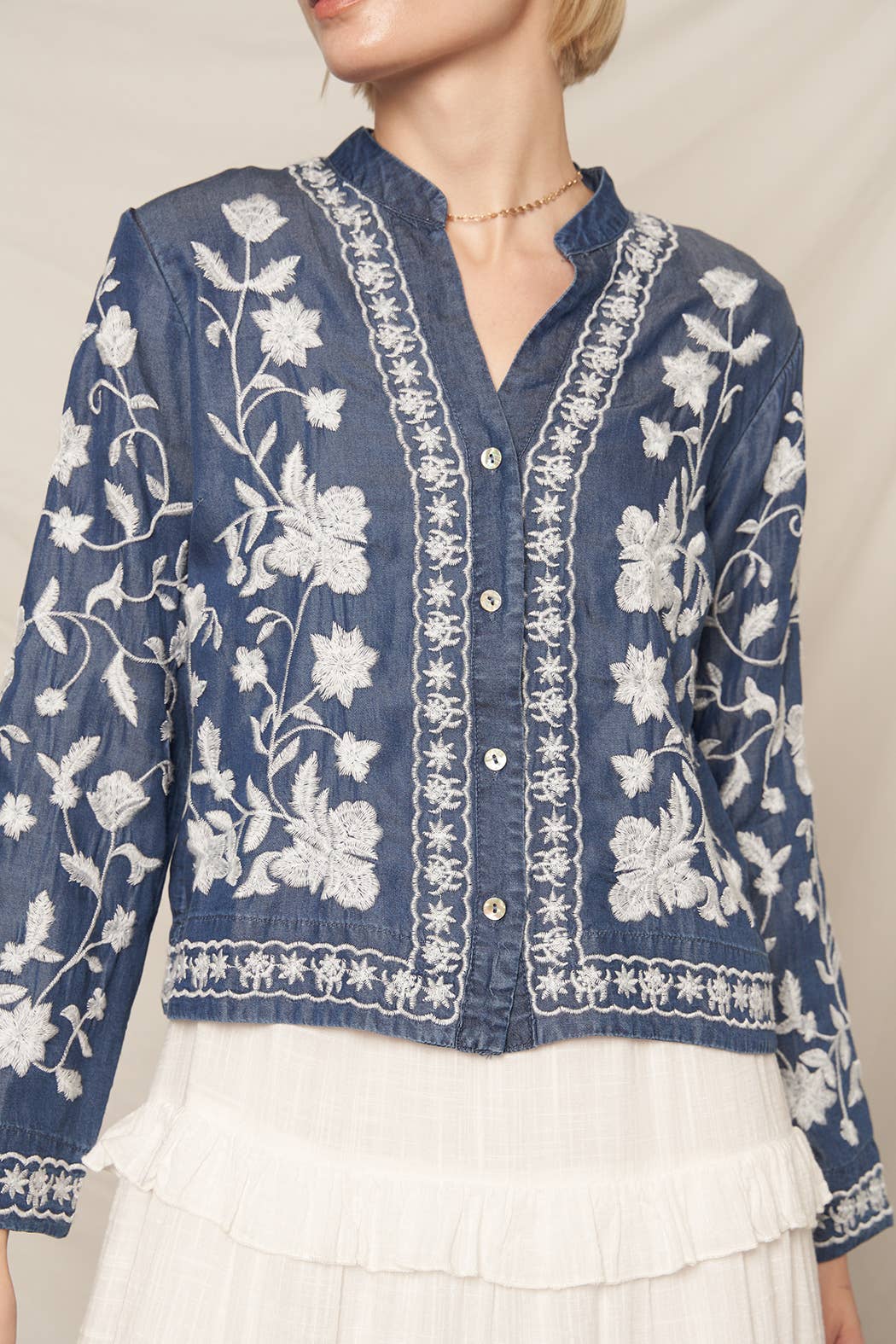 Long Sleeve Embroidered Denim Button Down Top: Dark Denim / M/L