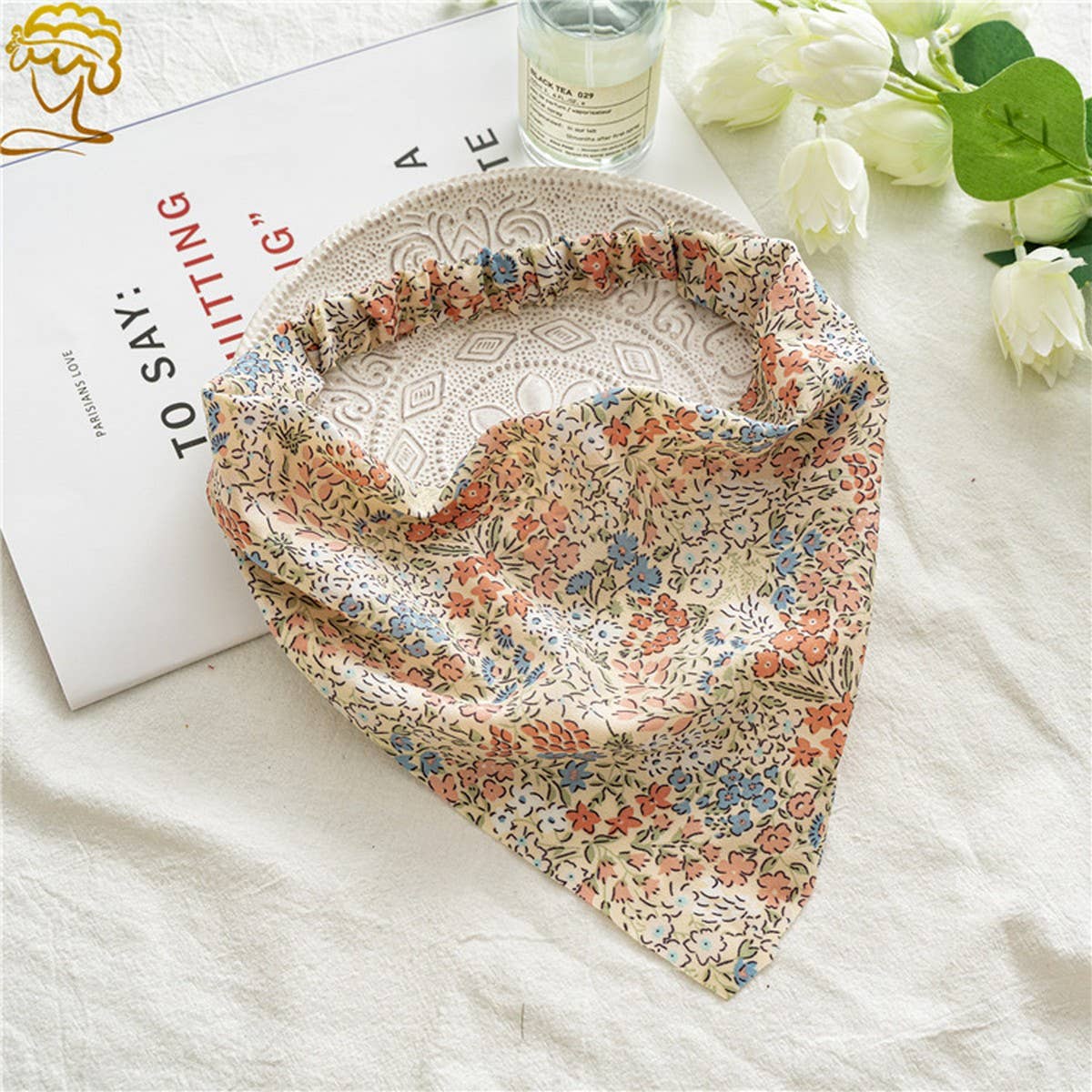 FLORAL PASTORAL STYLE TURBAN WITH ELASTIC BANDANA_CWAHA0847: Yellow / (OS) 3
