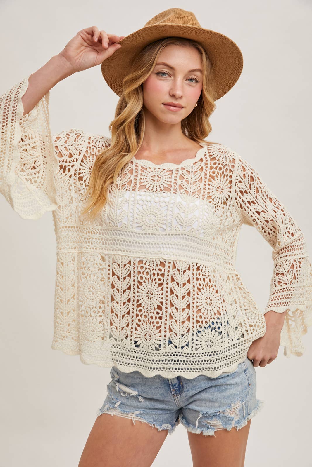 CROCHET SHEER BELL-SLEEVE PULLOVER TOP: NATURAL / M