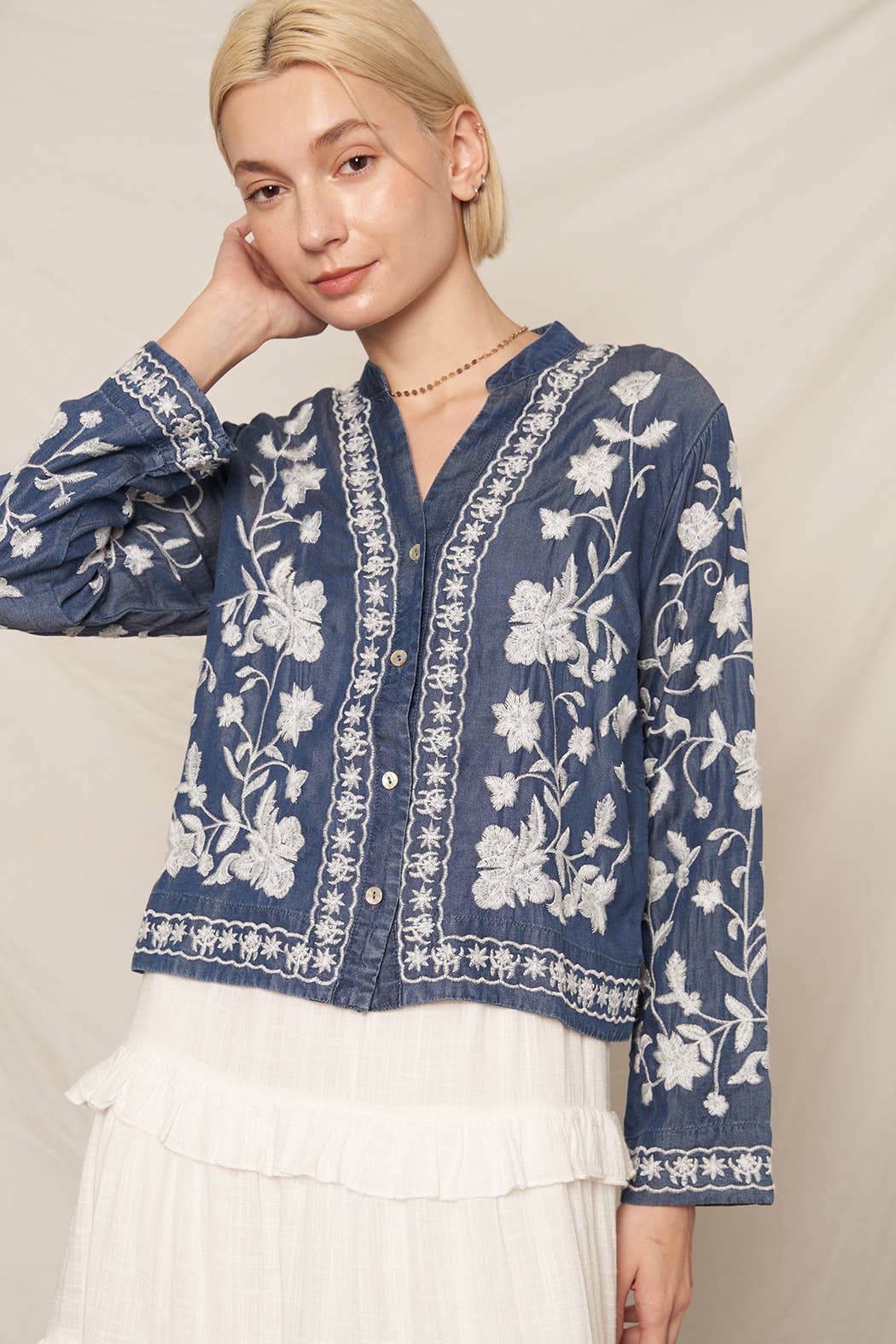 Long Sleeve Embroidered Denim Button Down Top: Dark Denim / M/L