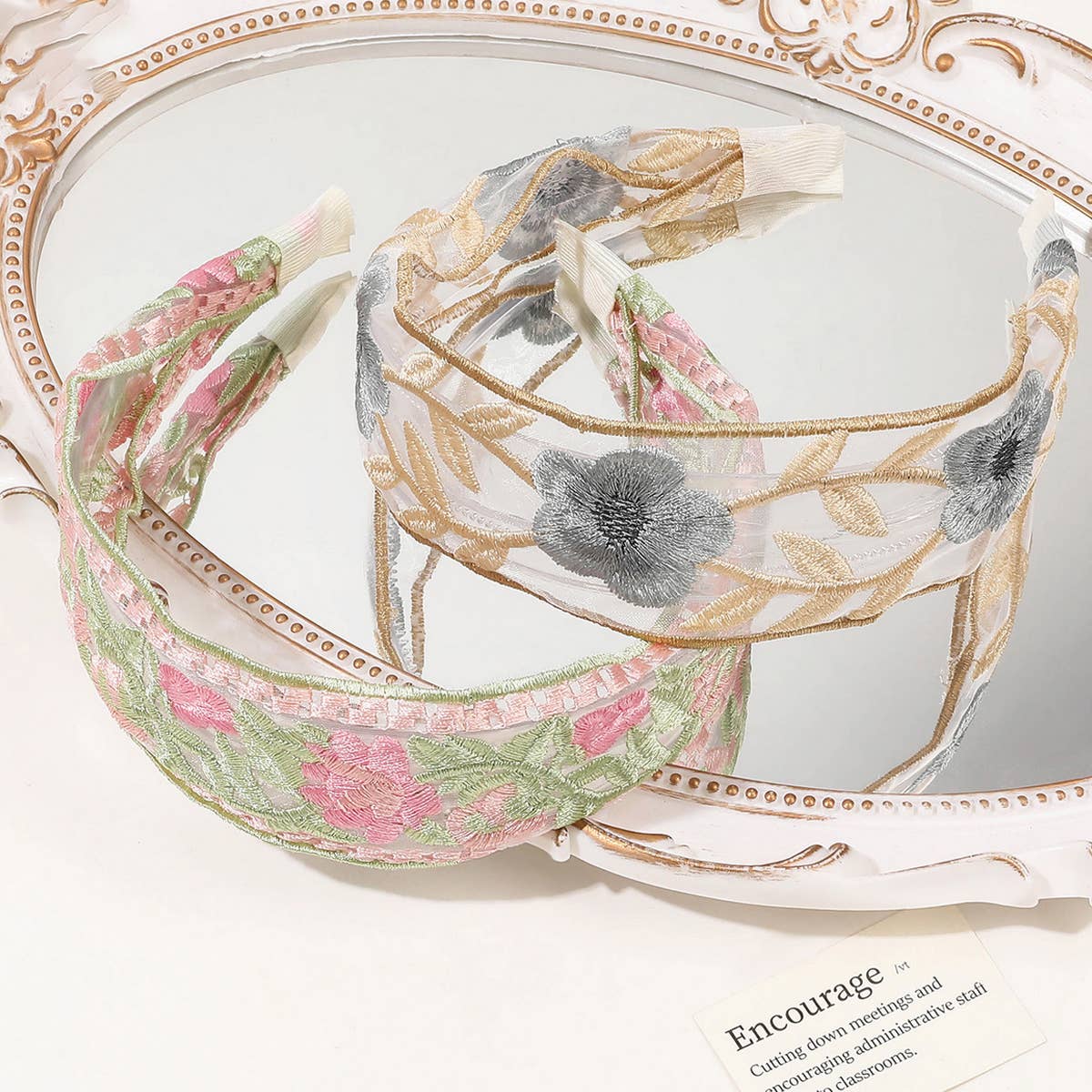 MESH EMBROIDERED FLOWER HEADBAND_CWAHA1651: GREY / (OS) 3