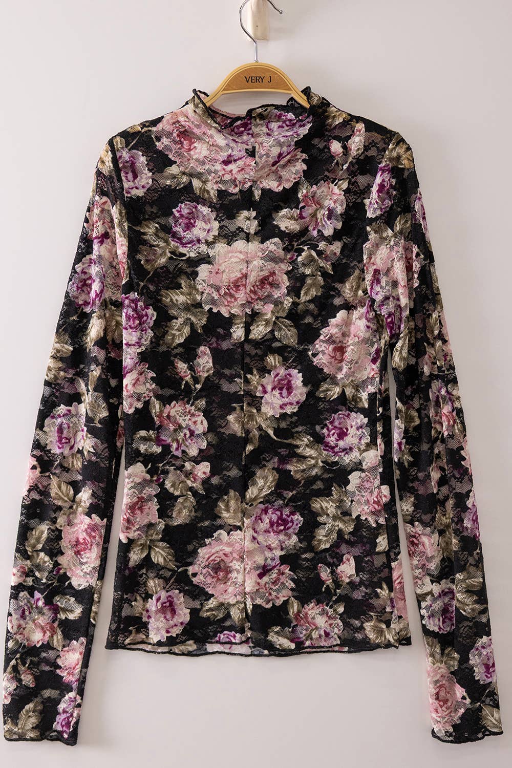 NT12220-High Neck Fitted Sheer Mesh Lace Knit Top: MUSTARD DIZZY FLORAL-26 / S-M-L/2-2-2