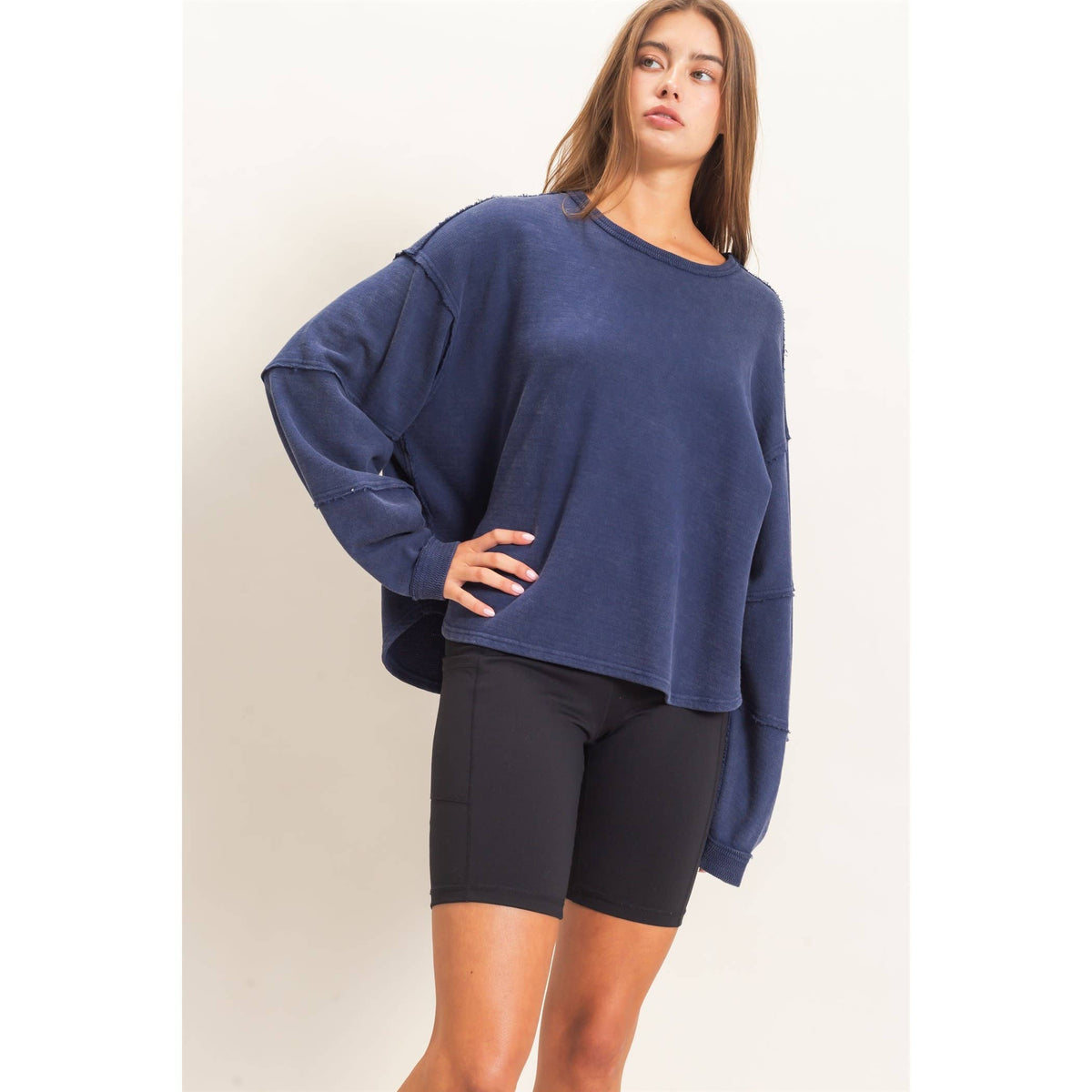 Mineral Wash Overzised Raw Edge Crew Neck Top: DARK RED / S-M-L(2-2-2)