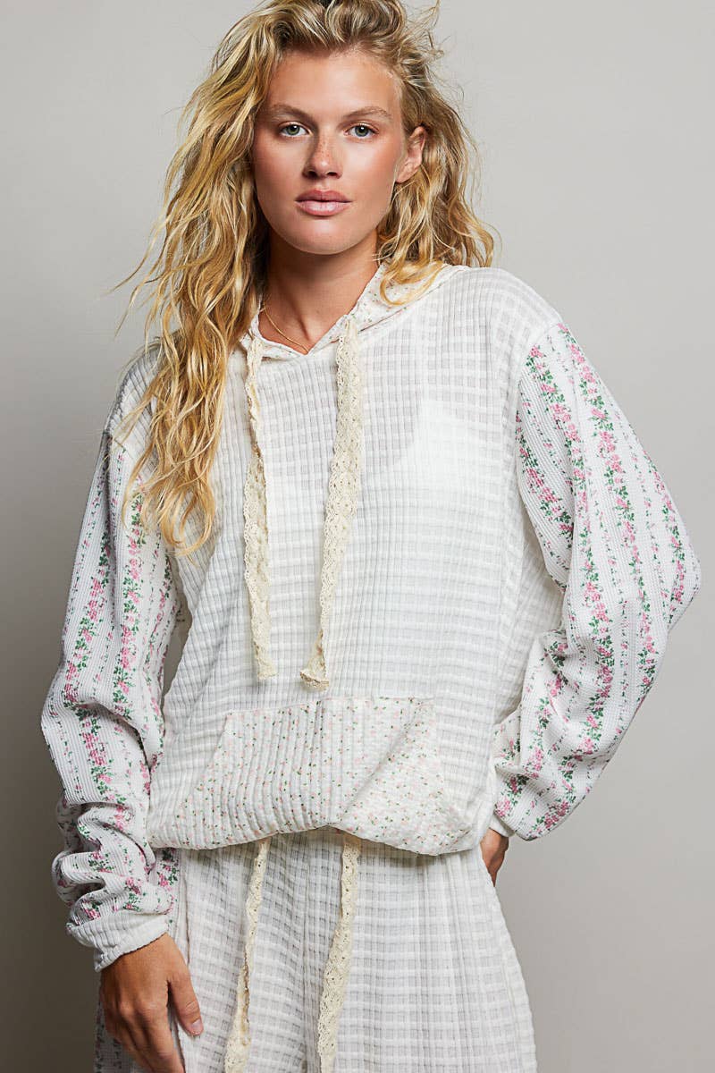 Kangaroo Pocket Mixed Knit Contrast Hooded Pullover SALE: NATURAL MULTI / M