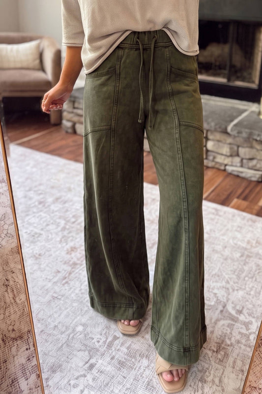 66 Hot Mineral Wash Seam Flare Leg Drawstring Pants (S-XL): Jungle Green / M