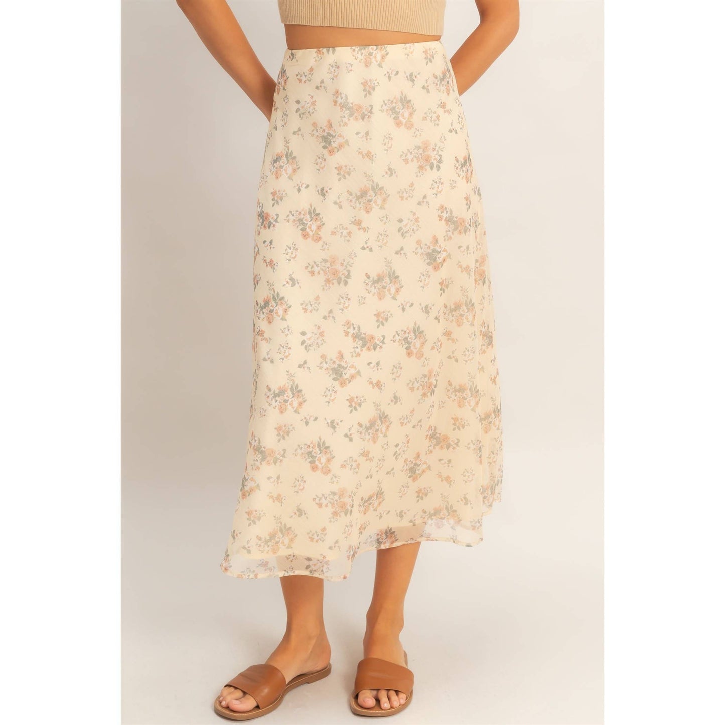 Floral Print Bias Skirt: BROWN / S-M-L(2-2-2)