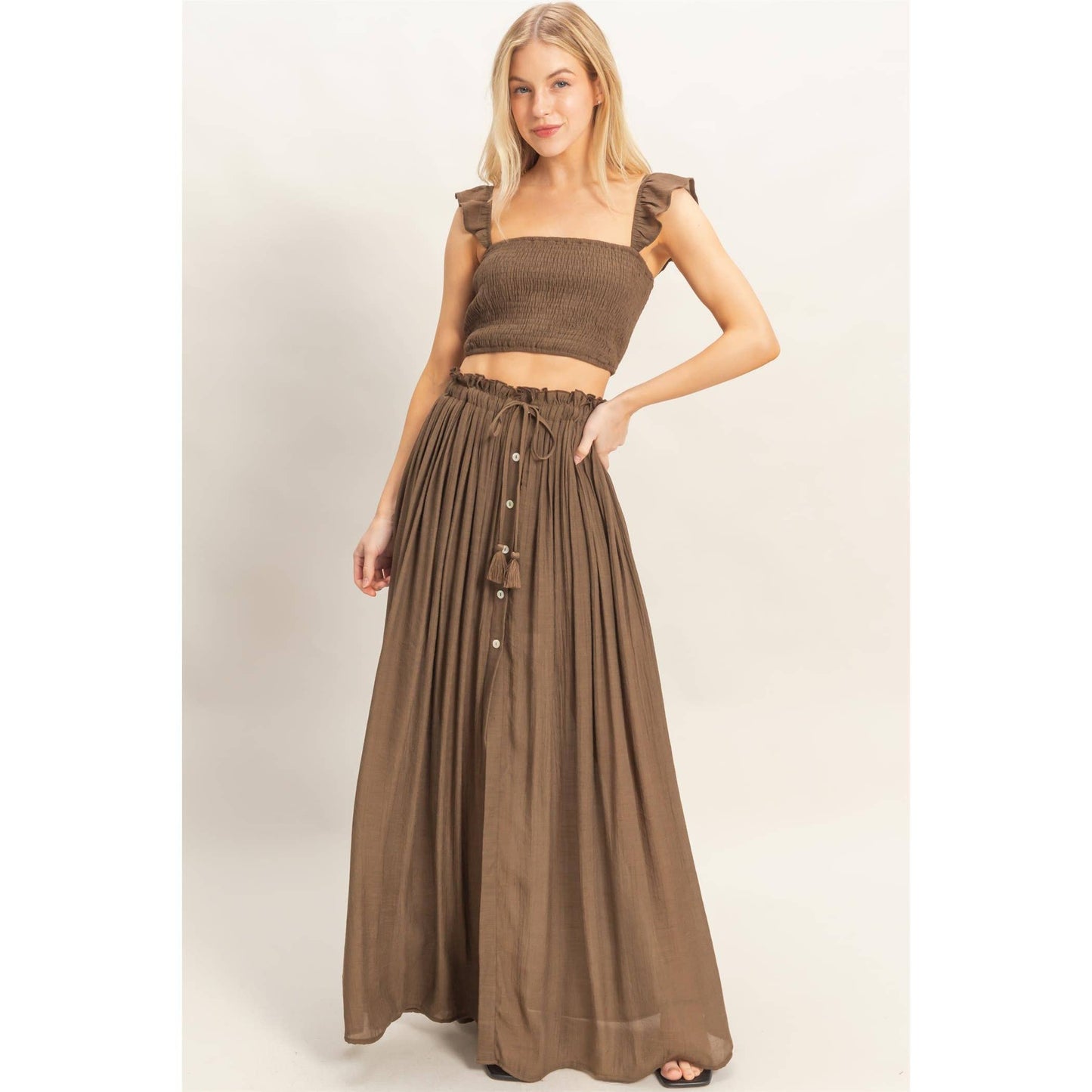 Smocked Top & Maxi Skirt Set: POWDER BLUE / S-M-L(2-2-2)