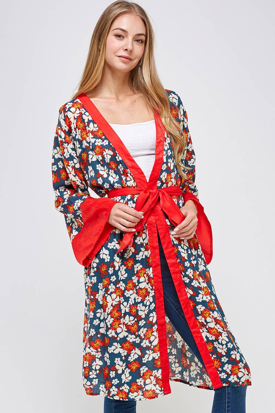 Red Trim Floral Long Kimono Cardigan: TEAL RED / S/M