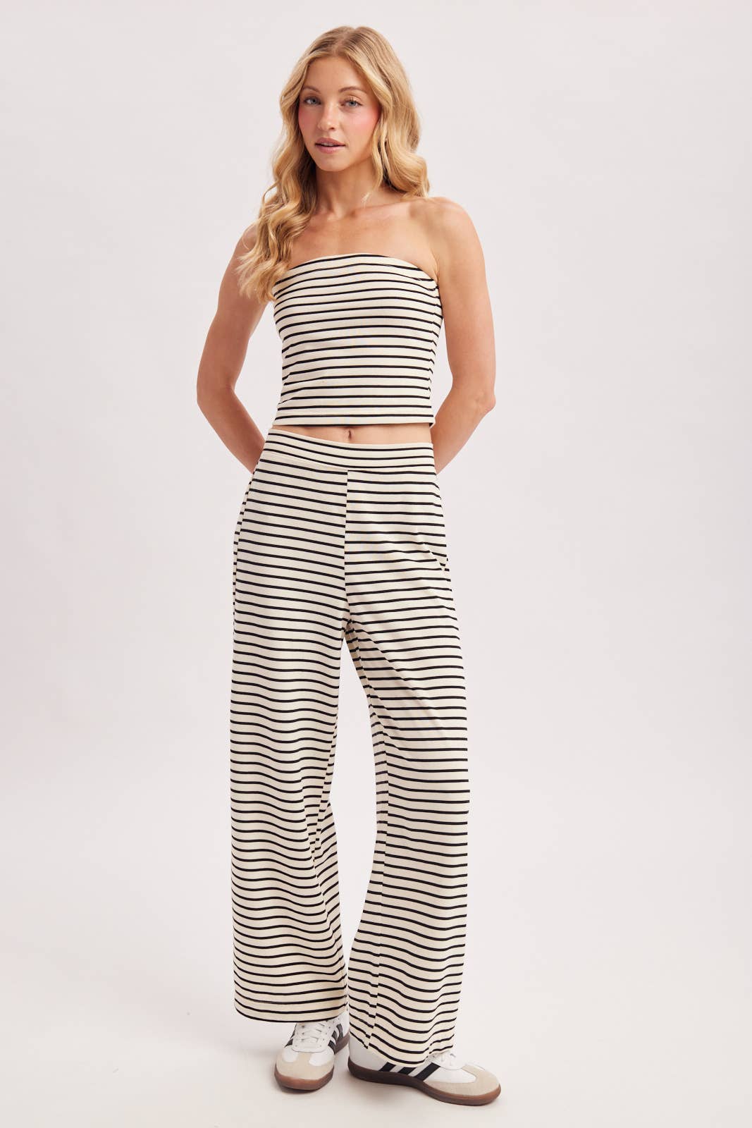 STRIPED KNIT TUBE AND WIDE PANTS SET: MOCHA COMBO / L
