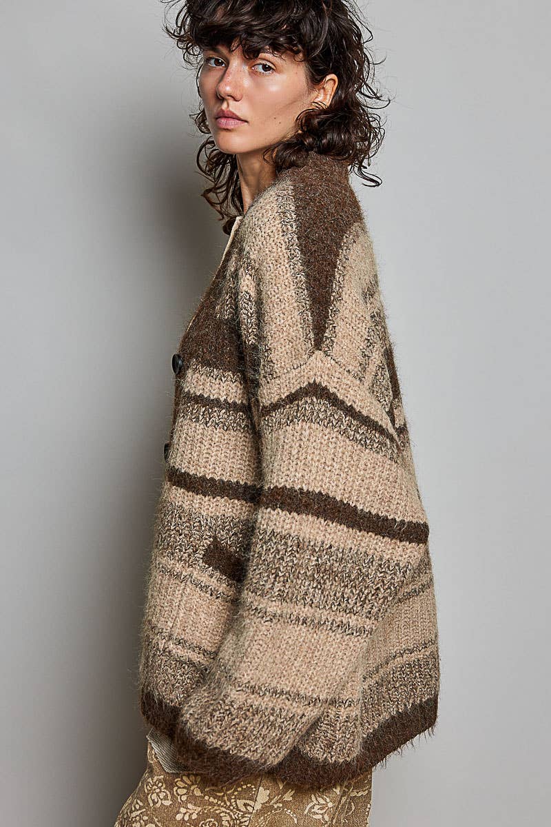 Striped Knit Oversized V-Neck Button Pockets Cardigan SALE: BLACK MULTI / OS
