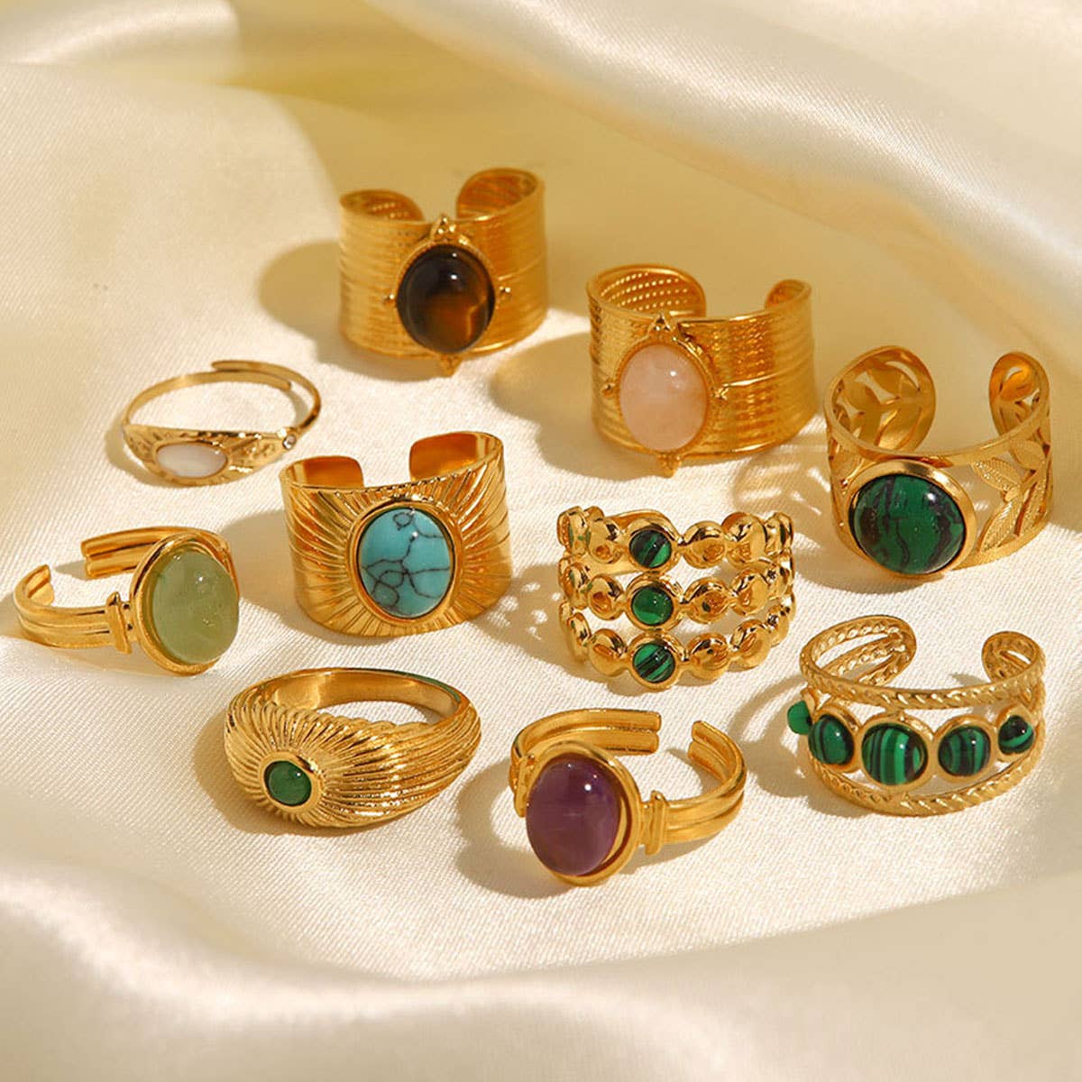 GOLD STAINLESS STEEL INLAID NATURAL STONE RINGS_CWAJE0611: TYPE1 / (OS) 3