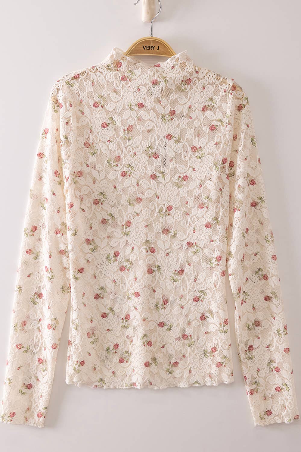 NT12220-High Neck Fitted Sheer Mesh Lace Knit Top: CREAM/PLUM BIG FLORAL-26 / S-M-L/2-2-2