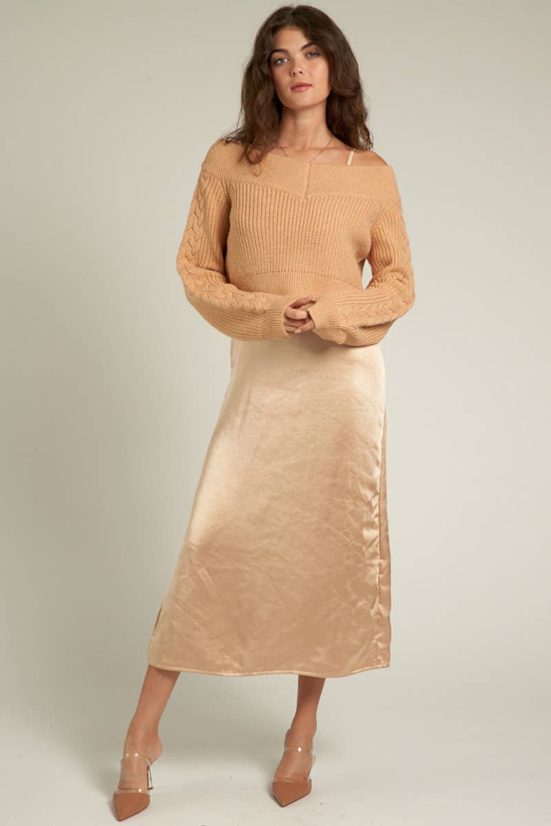 Satin Midi Dress & Sweater Set: Taupe / L