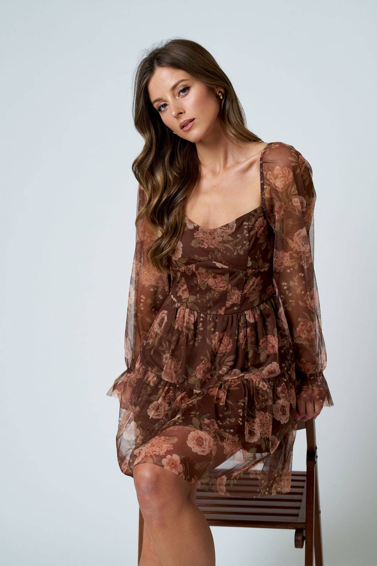 FLORAL CHIFFON LONG SLEEVE CORSET MINI DRESS: BURGUNDY MULTI