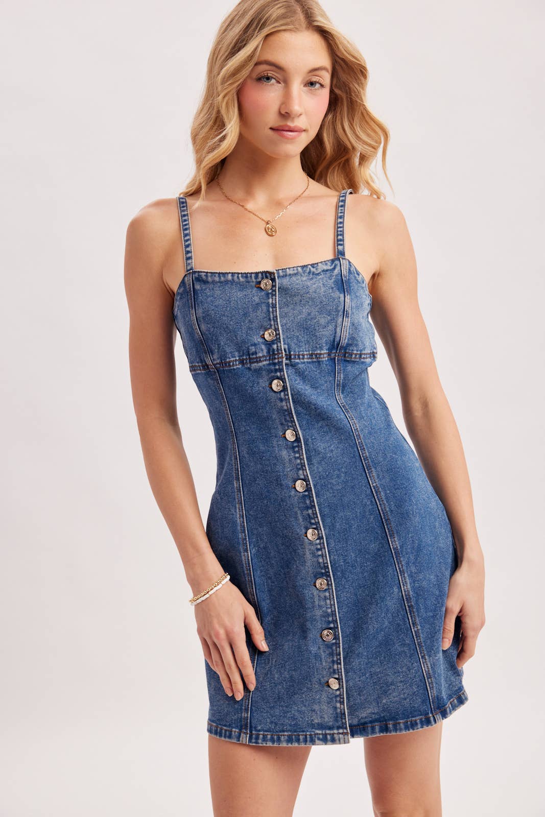 DENIM BUTTON DOWN MINI DRESS: MED.WASH / L