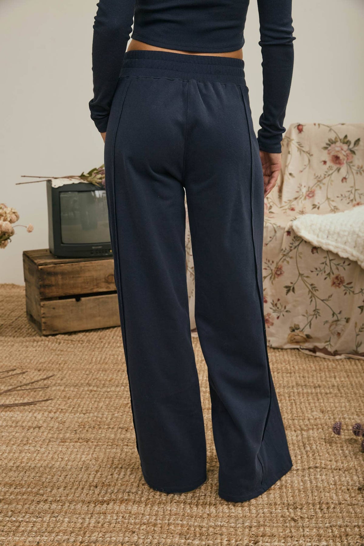 ELASTIC WAIST SIDE PANEL KNIT LOUNGE PANTS : BROWN