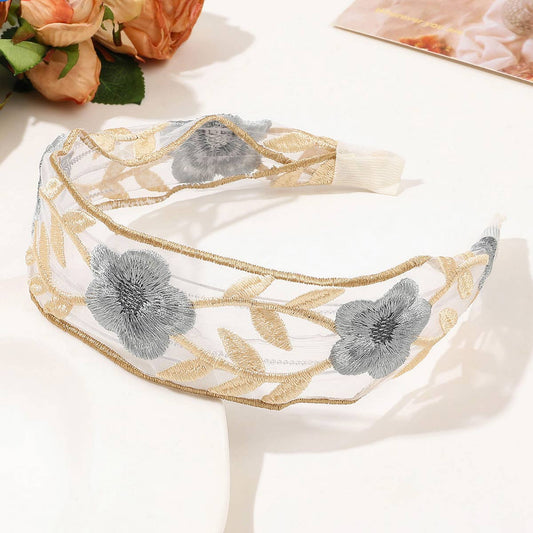 MESH EMBROIDERED FLOWER HEADBAND_CWAHA1651: GREY / (OS) 3