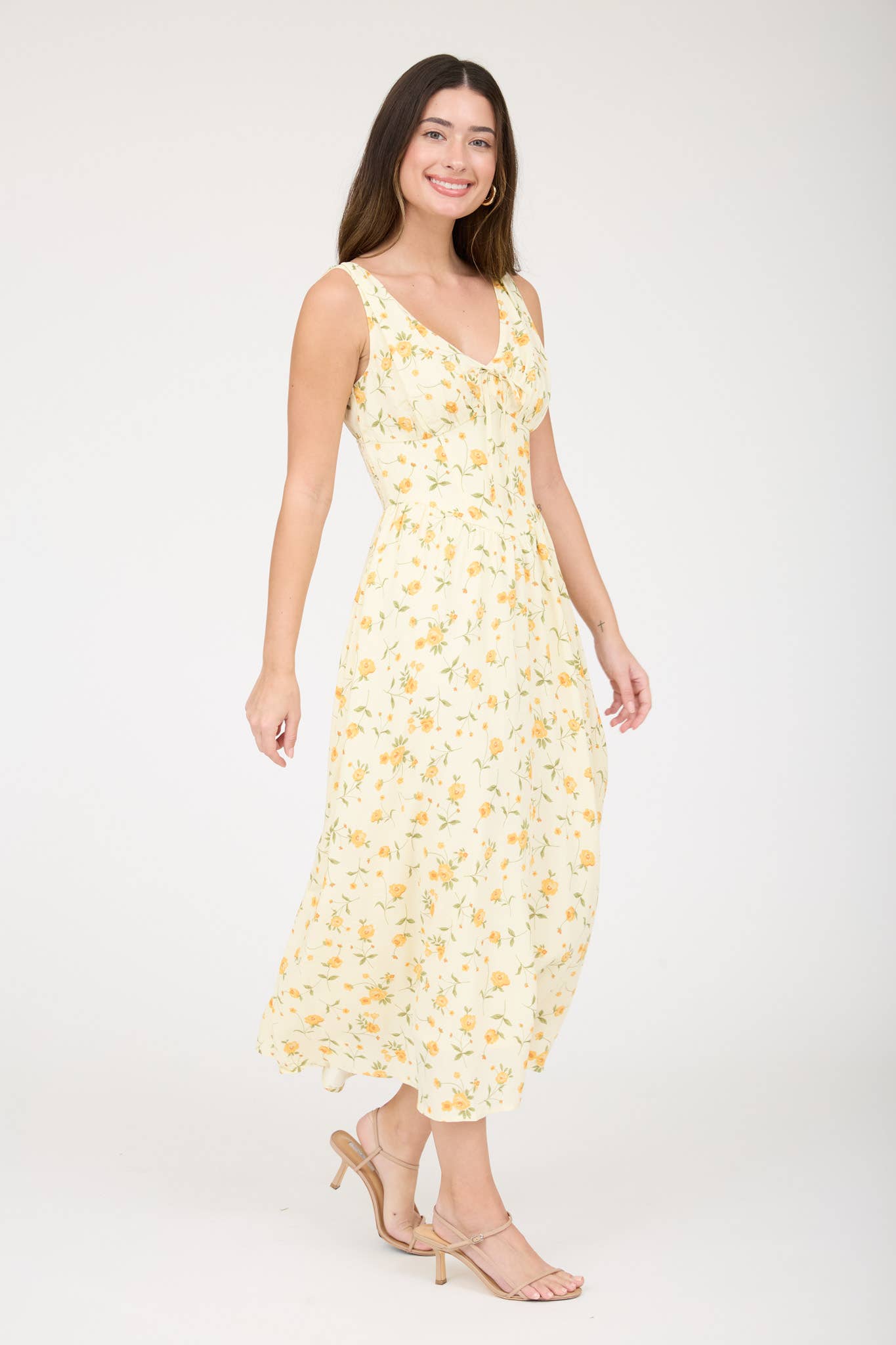 FLORAL V NECK SLEEVELESS CORSET MIDI DRESS : BLUE MULTI