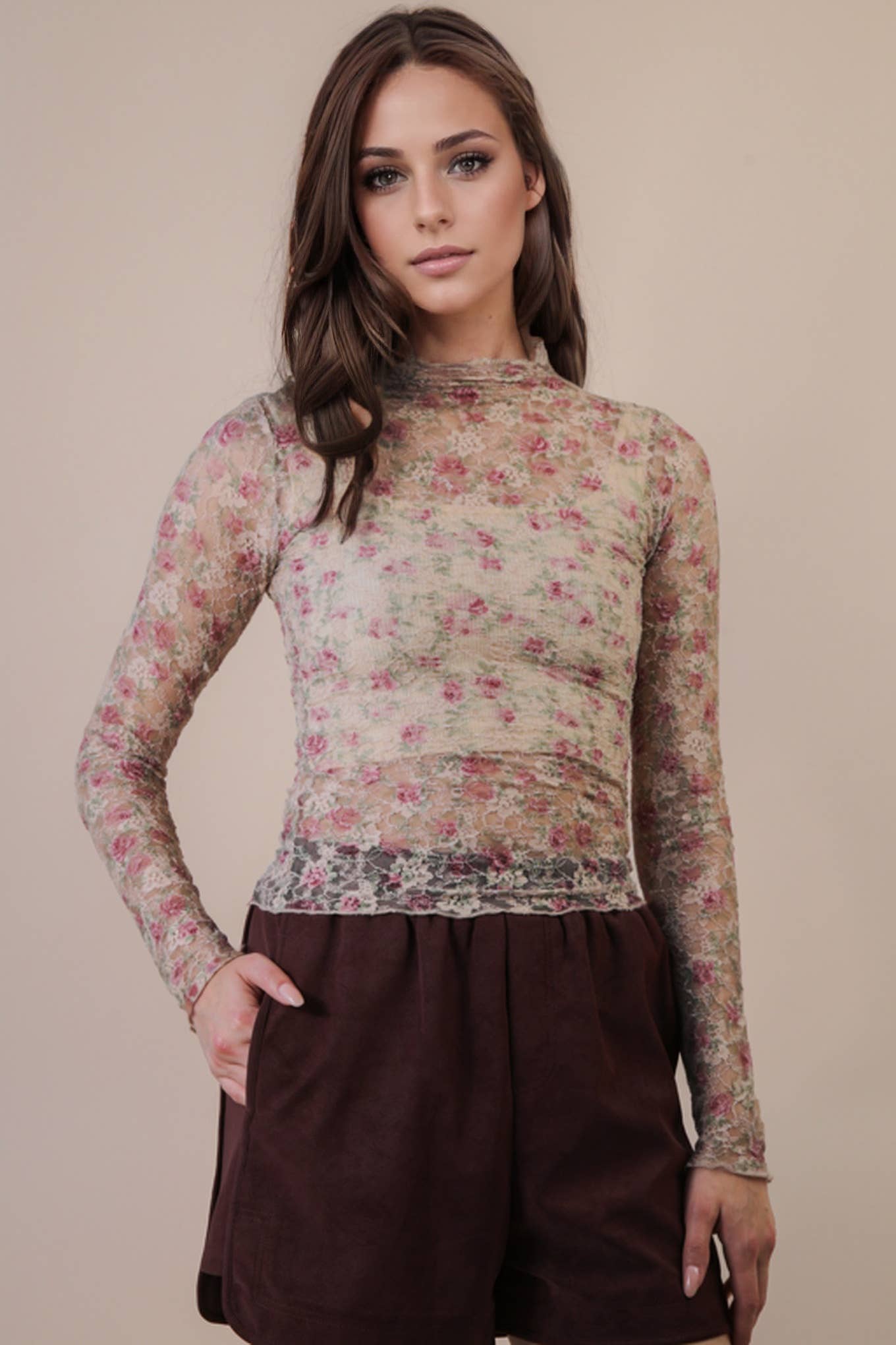 NT12220-High Neck Fitted Sheer Mesh Lace Knit Top: FOREST / S-M-L/2-2-2