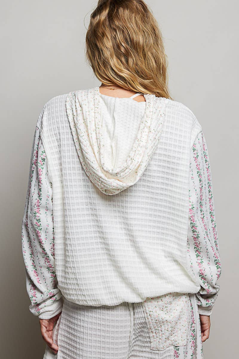 Kangaroo Pocket Mixed Knit Contrast Hooded Pullover SALE: NATURAL MULTI / L