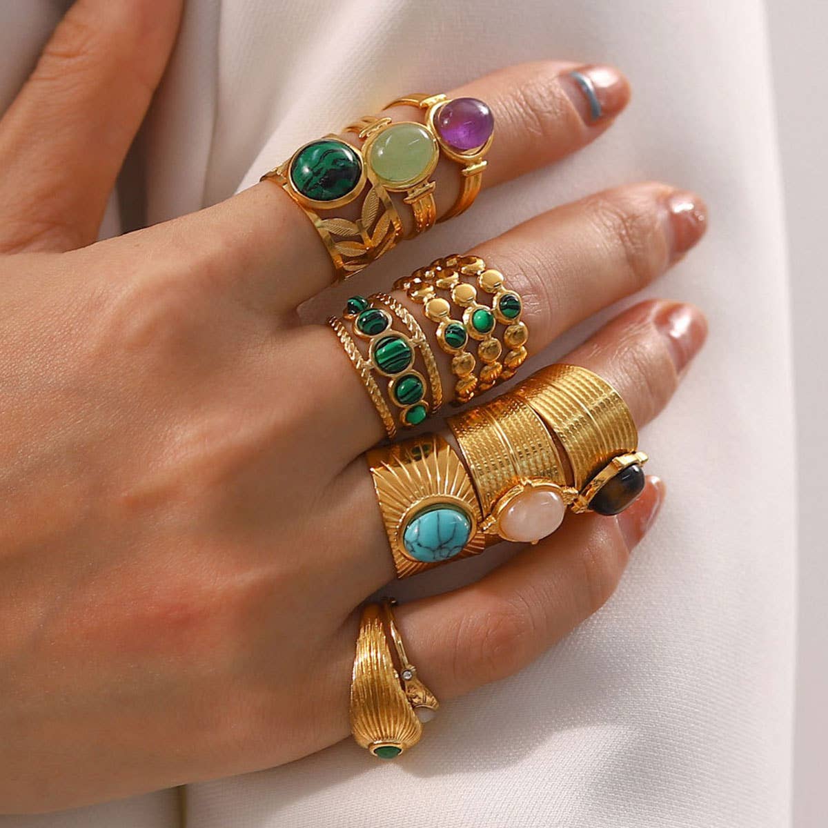 GOLD STAINLESS STEEL INLAID NATURAL STONE RINGS_CWAJE0611: TYPE1 / (OS) 3
