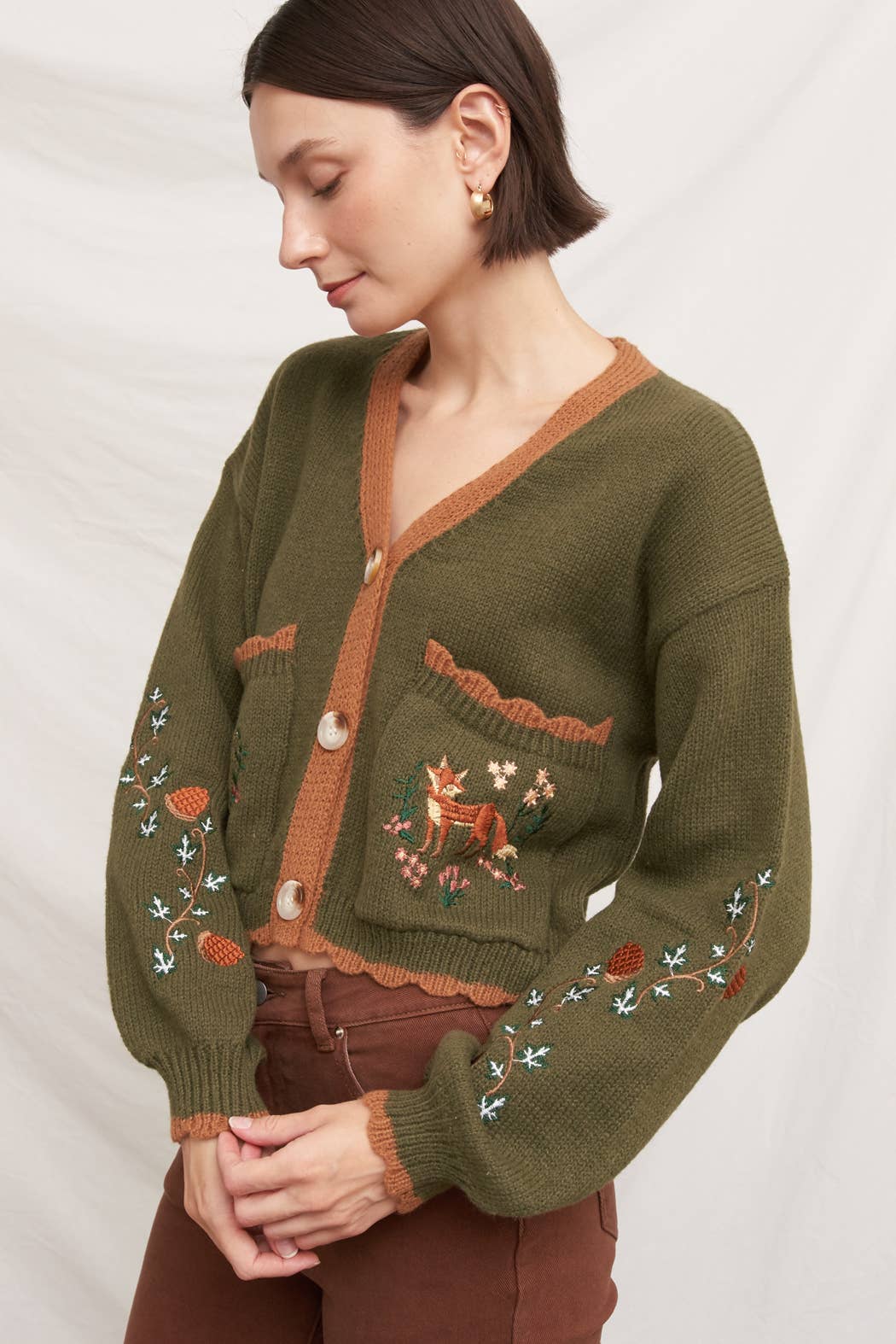 Fox Embroidered Long Sleeve Sweater Cardigan: Brown / M/L