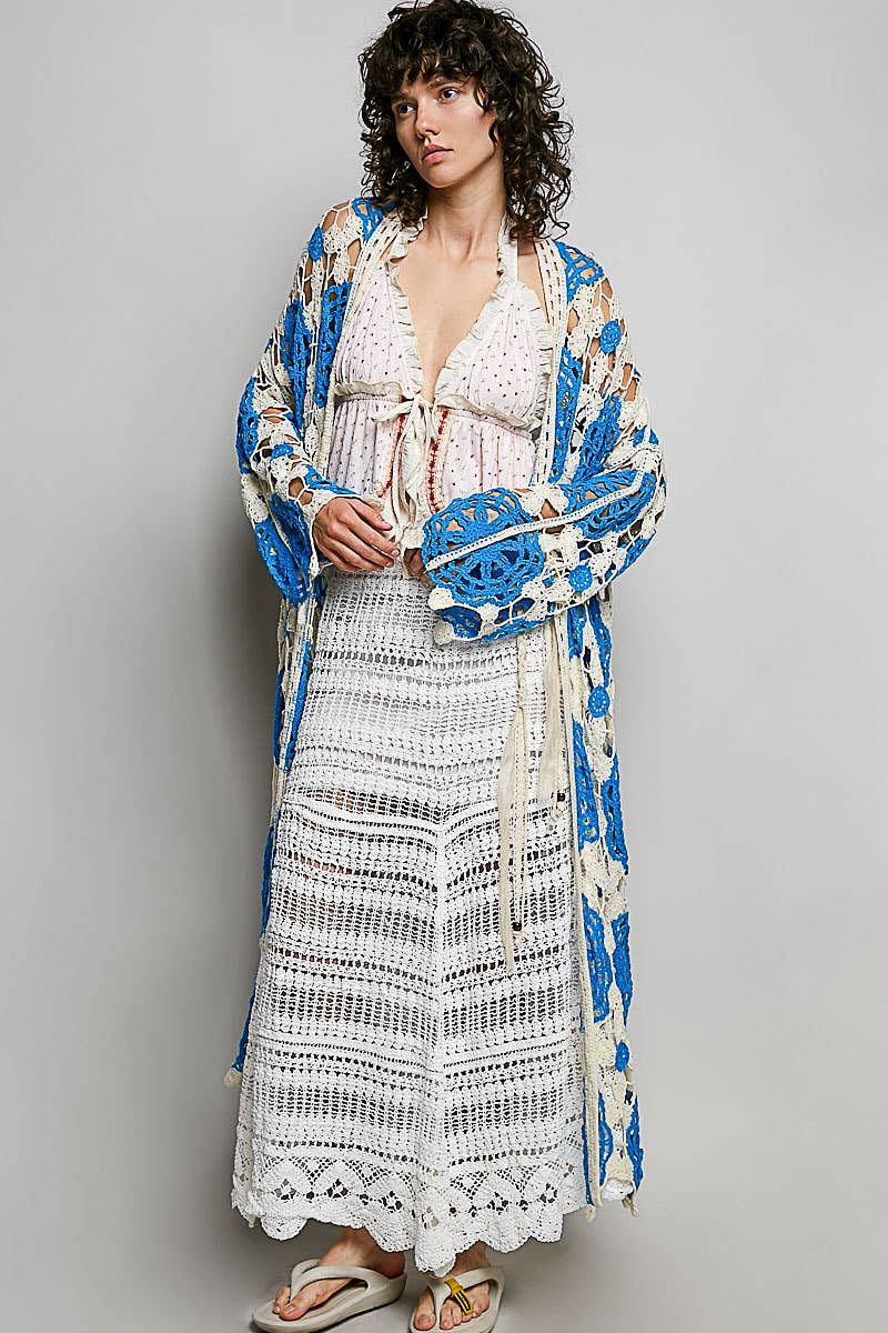 Maxi Long Sleeve Crochet Open Cardigan: BLUE MULTI / OS