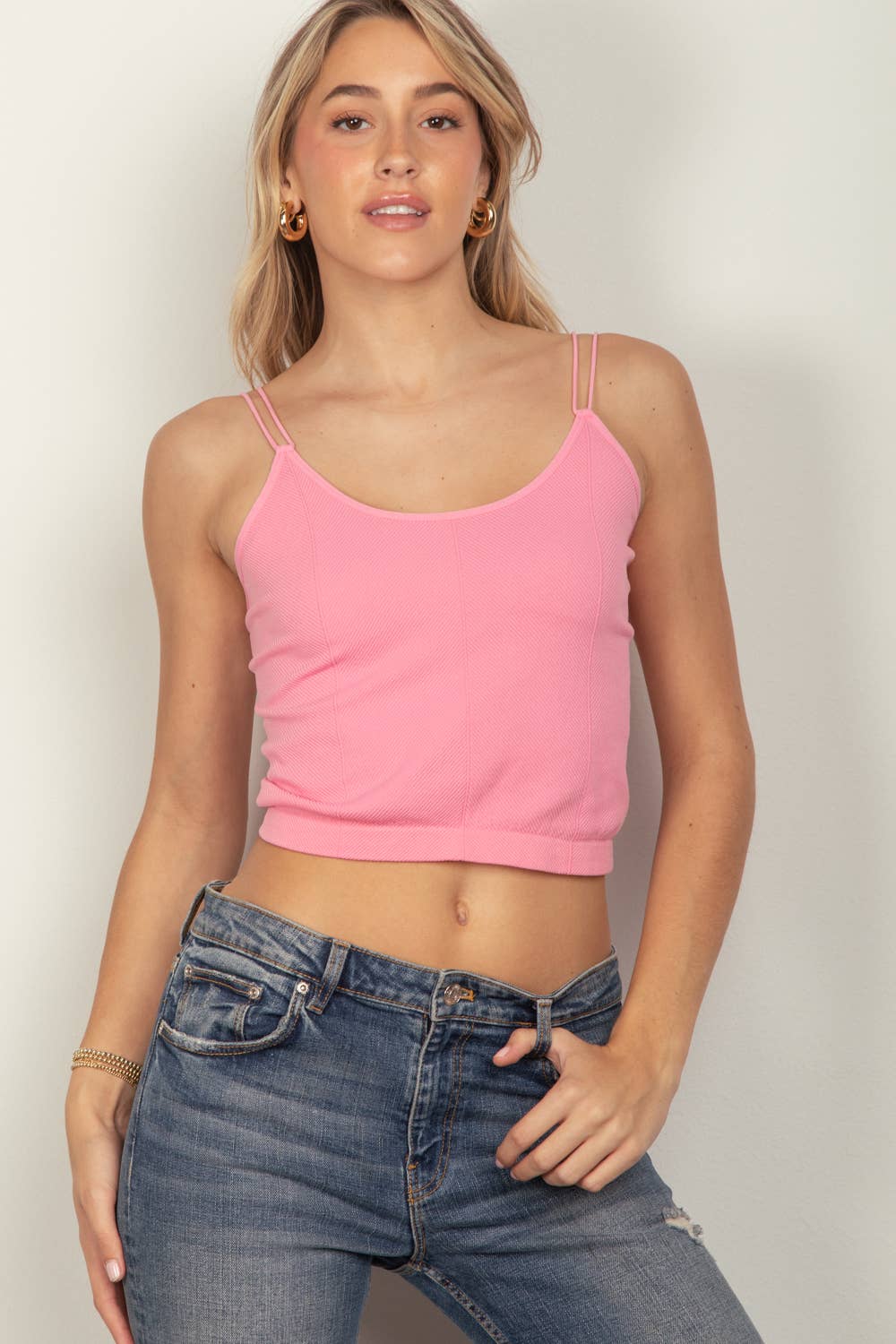 NT11660-Soft Stretchy Double Strap Slim Fit Tank Top: Pink / S.M/M.L-3/3