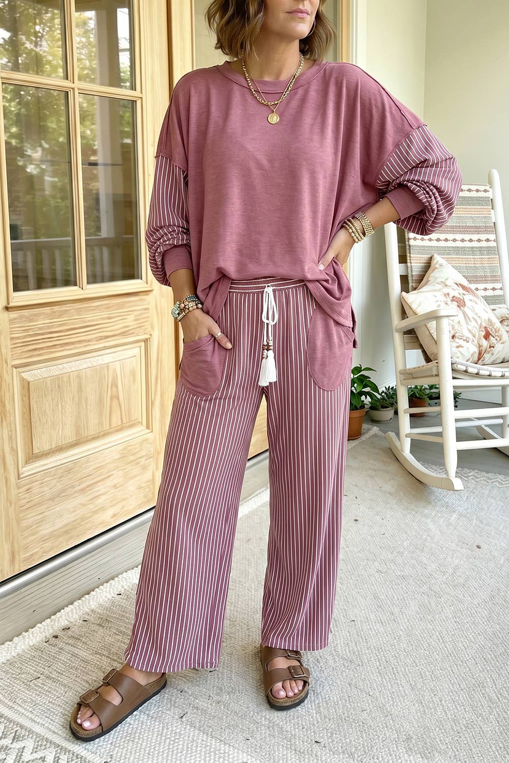 66 Striped Contrast High Waist Plus Size Pants Set (S-4X): Green / S