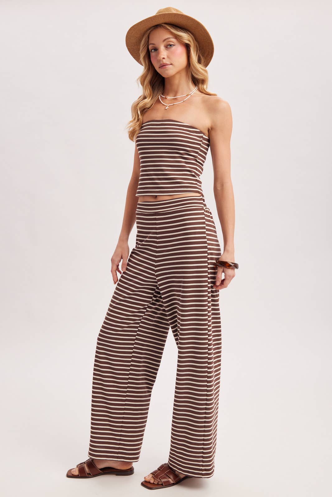 STRIPED KNIT TUBE AND WIDE PANTS SET: MOCHA COMBO / S