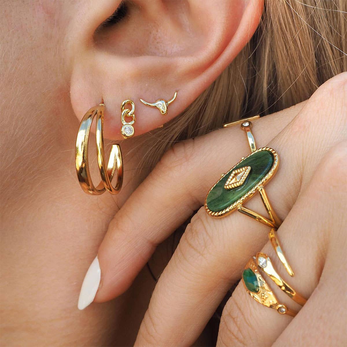 STAINLESS STEEL SNAKE NATURAL STONE RINGS_CWAJE0628: TYPE6 / (OS) 3